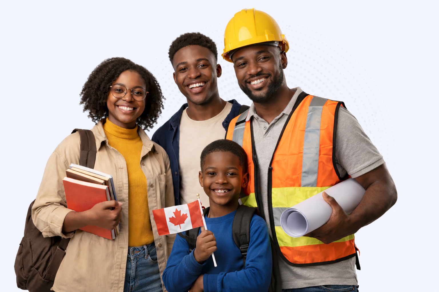 Une famille et des travailleurs souriants, prêts pour leur projet au Canada